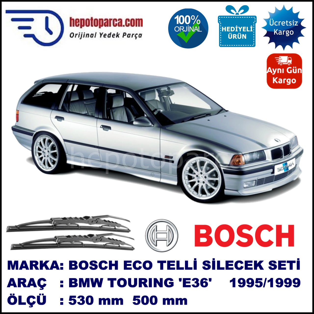BMW Serie 3 Touring [E 36] 03.95-12.99 530 / 500 mm. BOSCH ECO Telli Silecek 2'li Takım