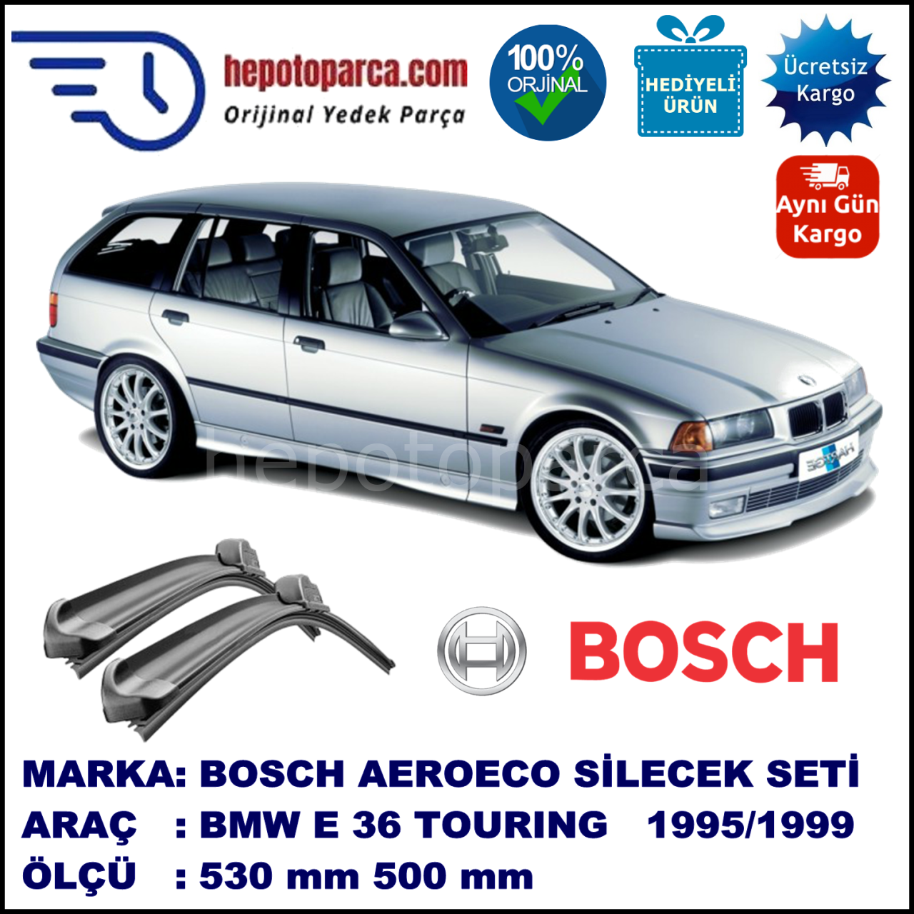 BMW Serie 3 Touring [E 36] 03.1995-12.1999, 530 / 500 mm. BOSCH AEROECO Aparatlı Muz Silecek
