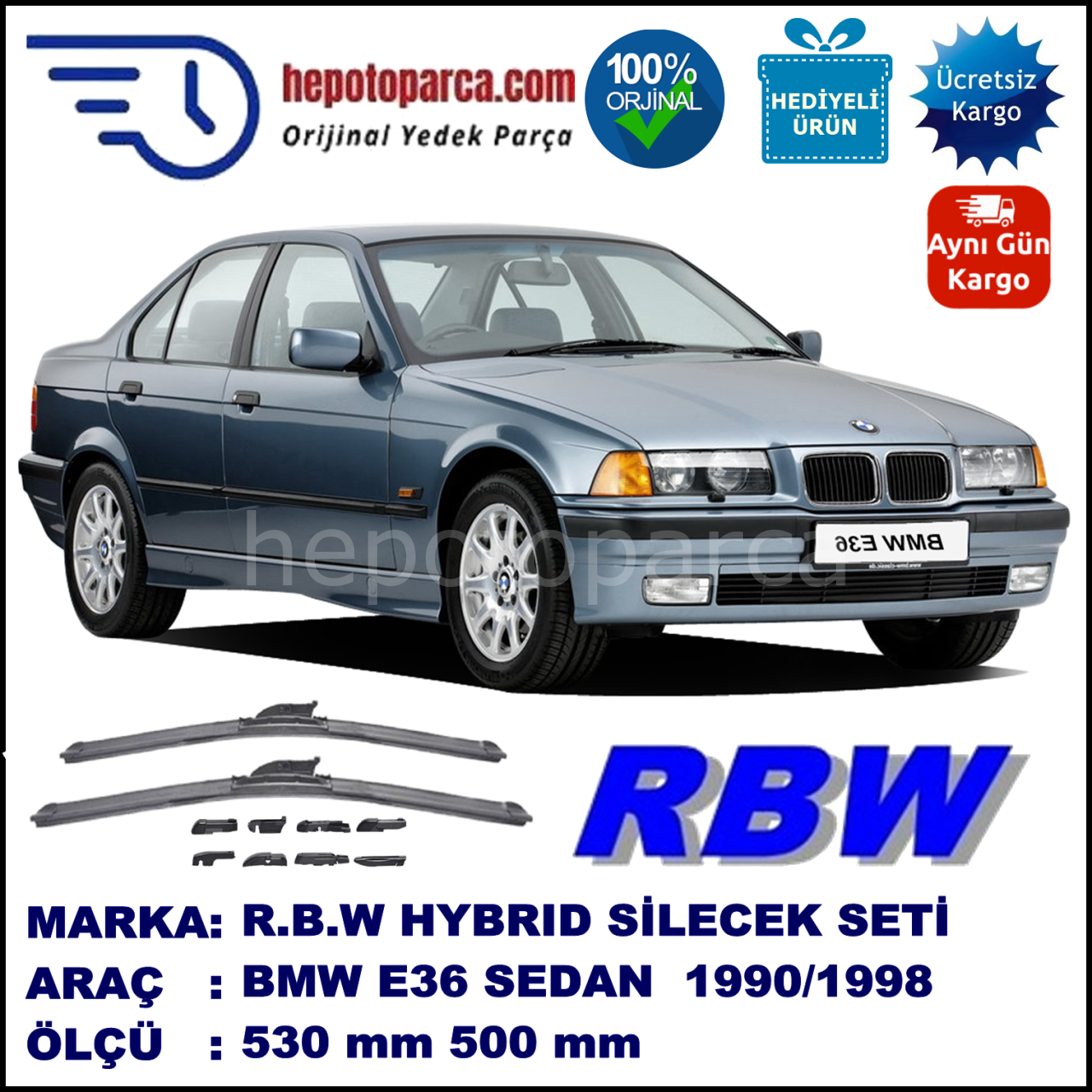 BMW Serie 3 [E 36] 09.1990-12.1998, 530 / 500 mm.  RBW  ADAPTÖRLÜ MUZ SİLECEK SETİ