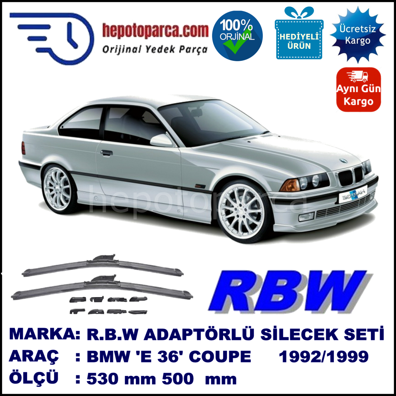 BMW Serie 3 Coupé [E 36] 03.1992-12.1999, 530 / 500 mm.  RBW  ADAPTÖRLÜ MUZ SİLECEK SETİ
