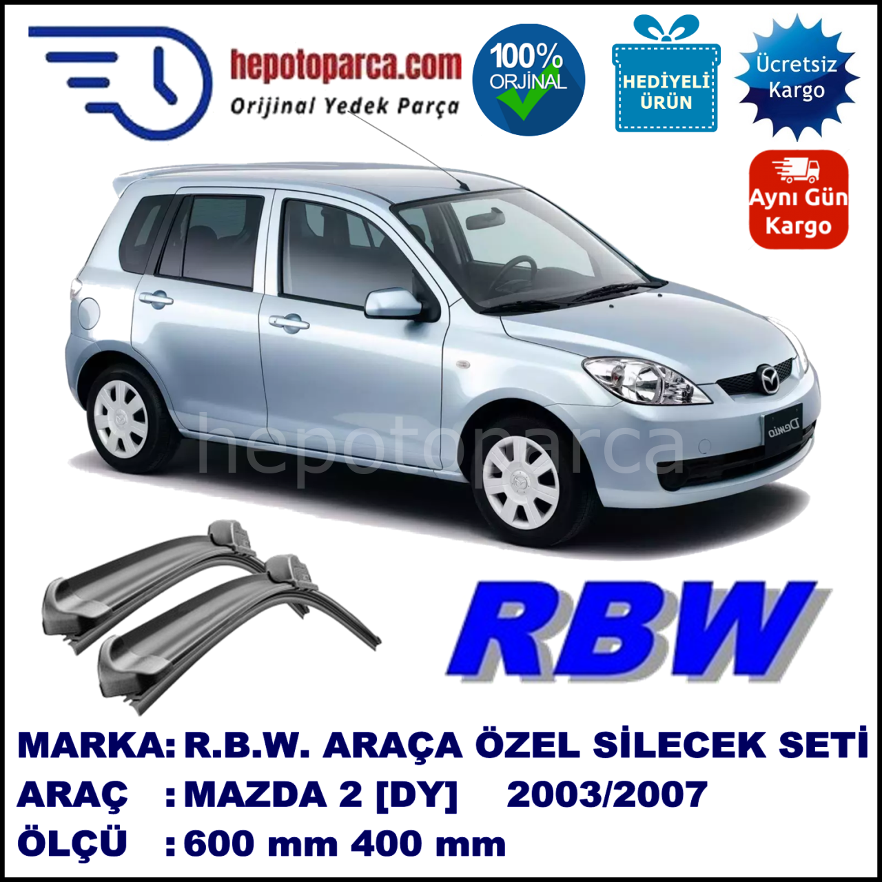 MAZDA 2 [DY] 02.03-06.07 600 / 400 mm. RBW Muz Silecek Seti  2'li Takım. U Kanca Uyumludur.