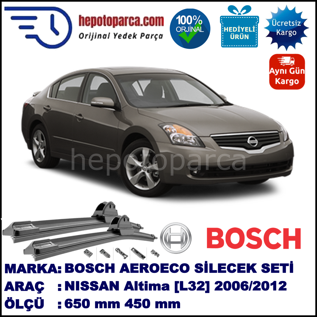 NISSAN Altima [L32] 11.2006-..., 650 / 400 mm. BOSCH AEROECO Aparatlı Muz Silecek