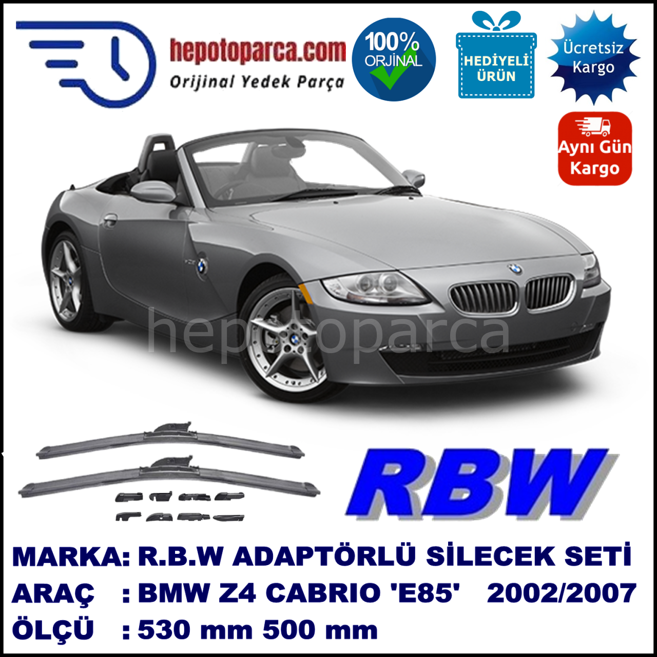BMW Z4 [E 85] 10.2002-07.2007, 530 / 500 mm.  RBW  ADAPTÖRLÜ MUZ SİLECEK SETİ