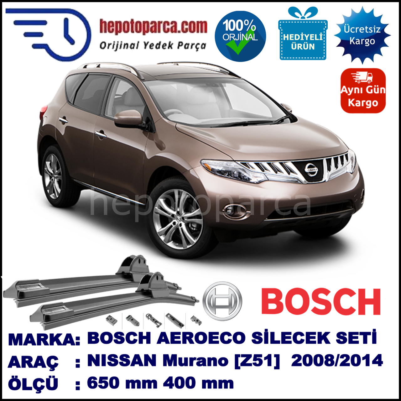 NISSAN Murano [Z51] 06.2008-..., 650 / 400 mm. BOSCH AEROECO Aparatlı Muz Silecek