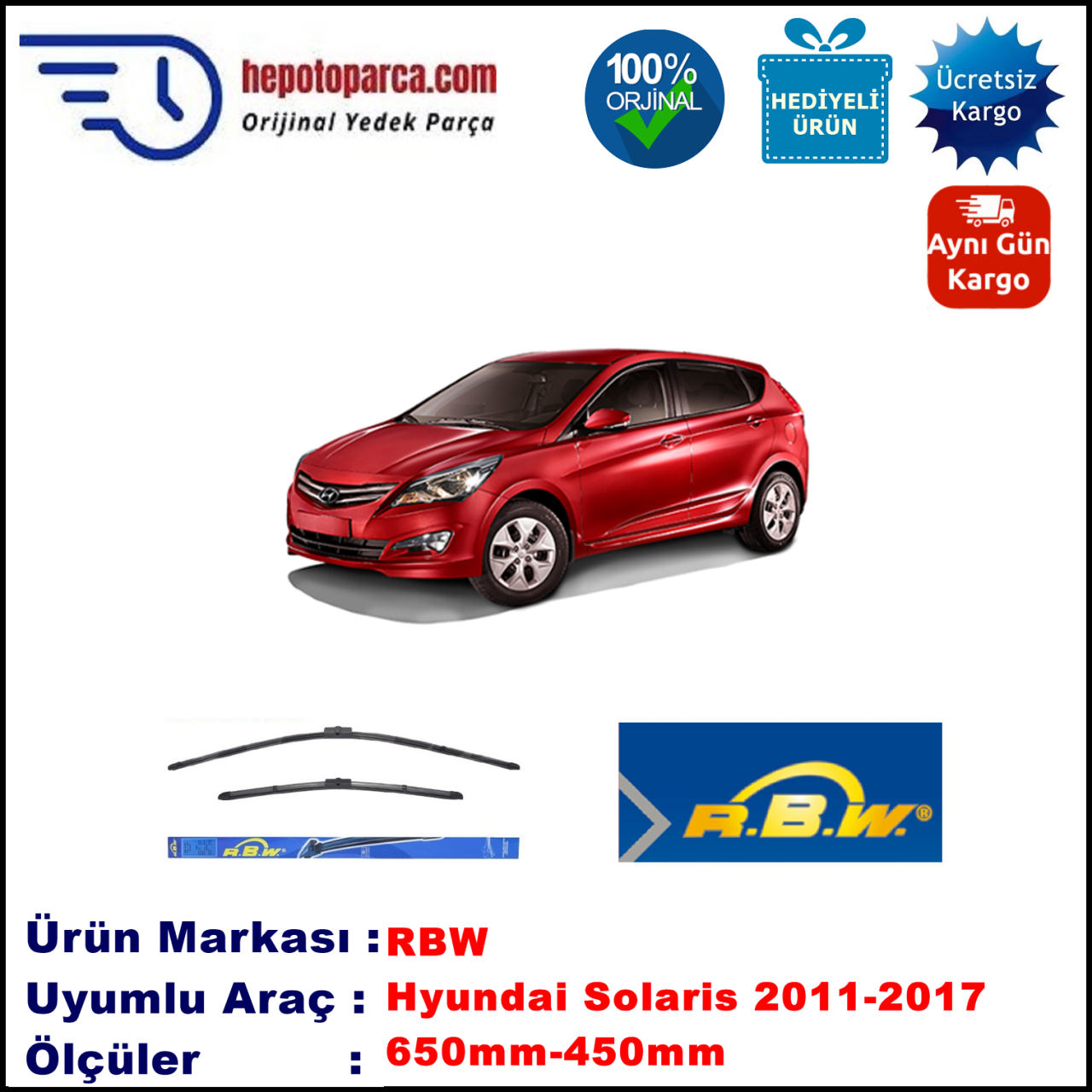HYUNDAI Solaris Hatchback [RB] 01.2011-..., 650 / 400 mm.  RBW  ADAPTÖRLÜ MUZ SİLECEK SETİ