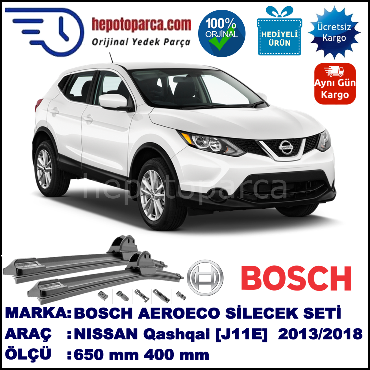 NISSAN Qashqai [J11E] 12.2013-..., 650 / 400 mm. BOSCH AEROECO Aparatlı Muz Silecek