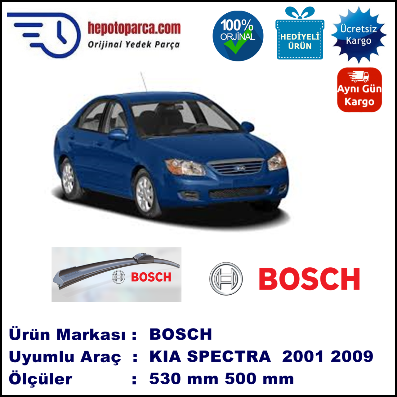 KIA Spectra  01.2001-12.2009, 530 / 500 mm. BOSCH AEROECO Aparatlı Muz Silecek