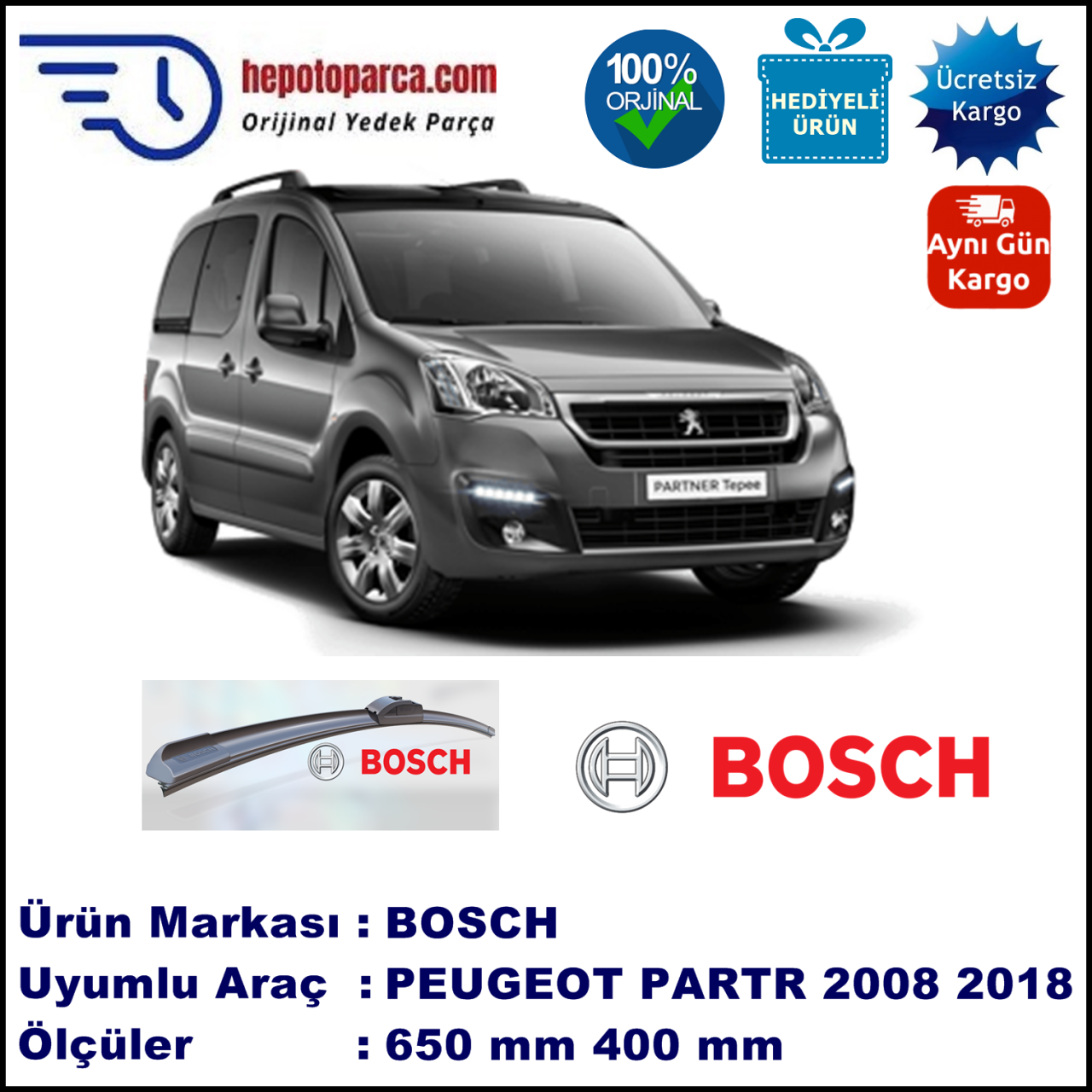 PEUGEOT Partner [B9] 05.2008-..., 650 / 400 mm. BOSCH AEROECO Aparatlı Muz Silecek