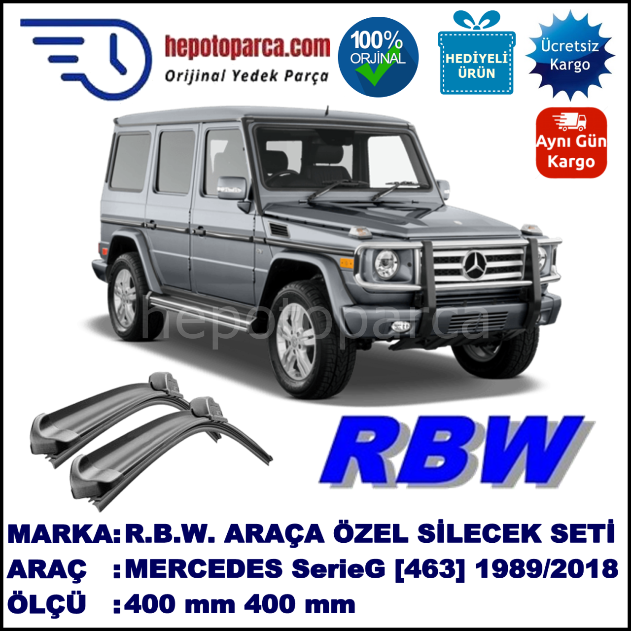 MERCEDES-BENZ Serie G [463] 09.89-... 400 / 400 mm. RBW Muz Silecek Seti  2'li Takım. U Kanca Uyumludur.
