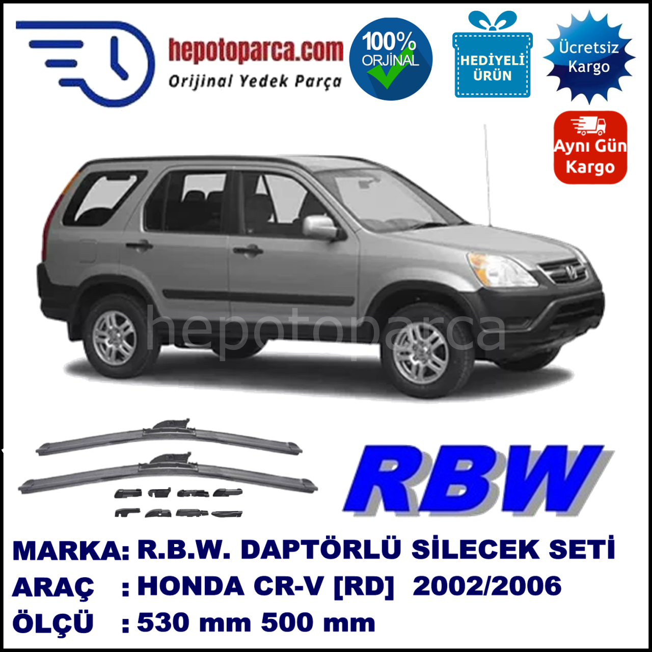 HONDA CR-V [RD] 08.2002-09.2006, 530 / 500 mm.  RBW  ADAPTÖRLÜ MUZ SİLECEK SETİ