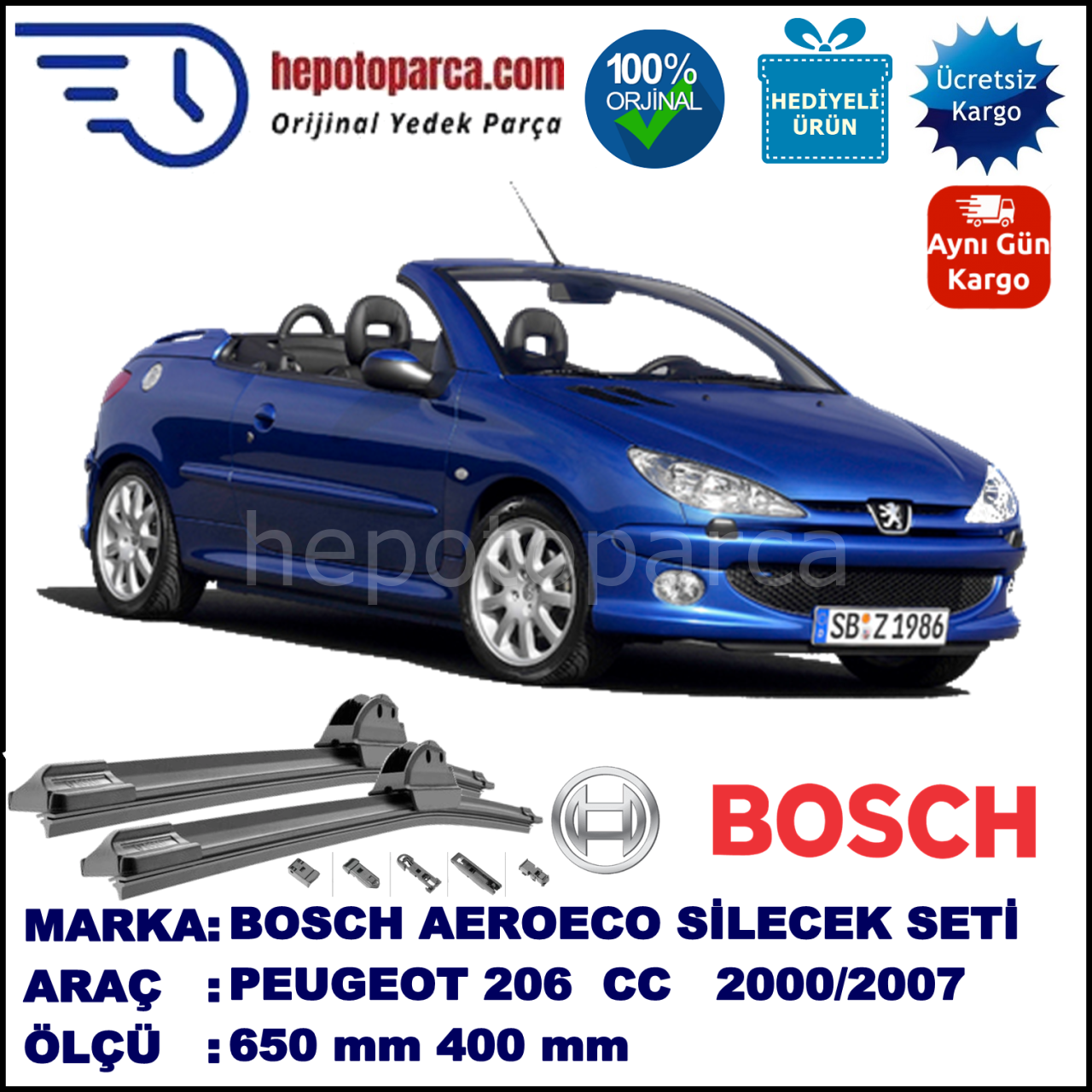 PEUGEOT 206 CC [T1] 09.2000-03.2007, 650 / 400 mm. BOSCH AEROECO Aparatlı Muz Silecek