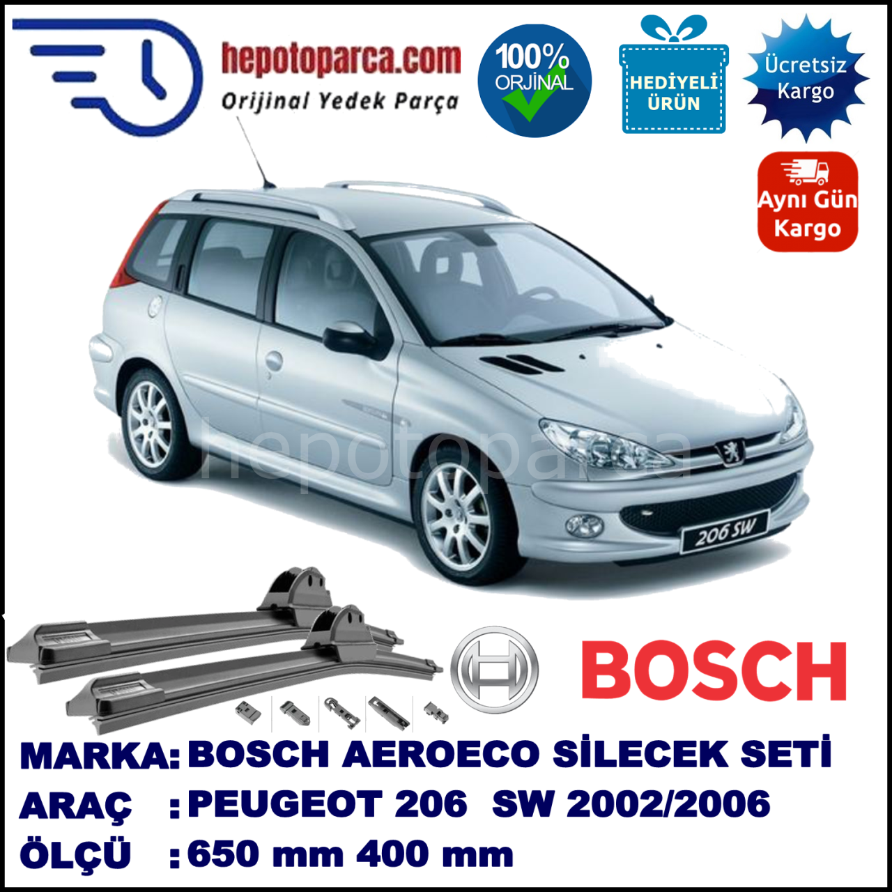 PEUGEOT 206 SW [T1] 03.2002-12.2006, 650 / 400 mm. BOSCH AEROECO Aparatlı Muz Silecek
