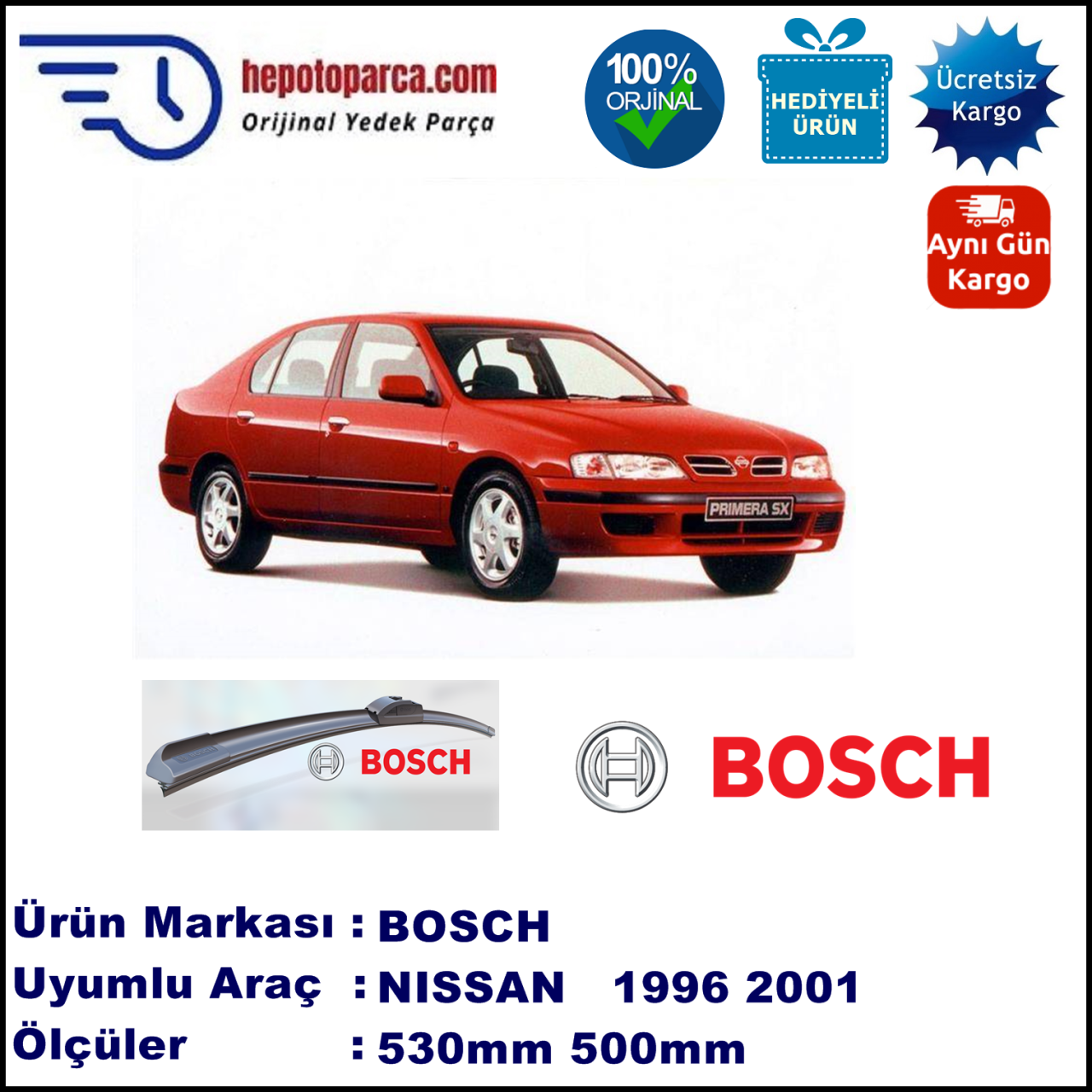 NISSAN Primera Hatchback [P11E] 06.1996-12.2001, 530 / 500 mm. BOSCH AEROECO Aparatlı Muz Silecek