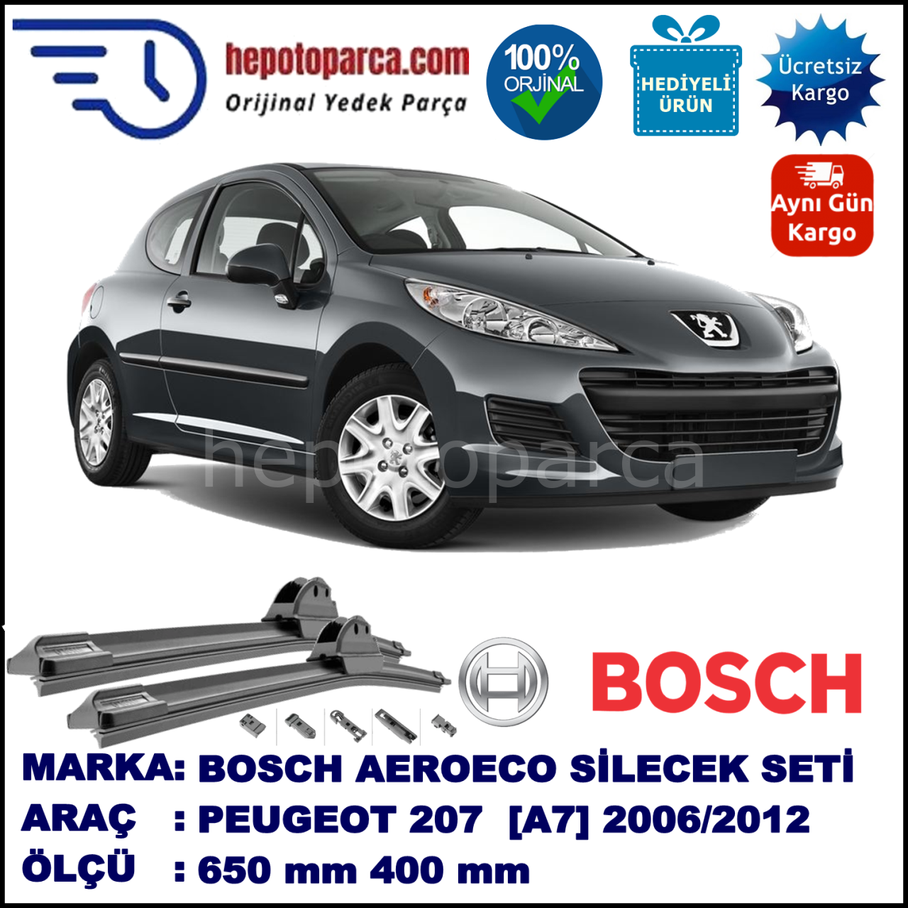 PEUGEOT 207 [A7] 05.2006-04.2012, 650 / 400 mm. BOSCH AEROECO Aparatlı Muz Silecek