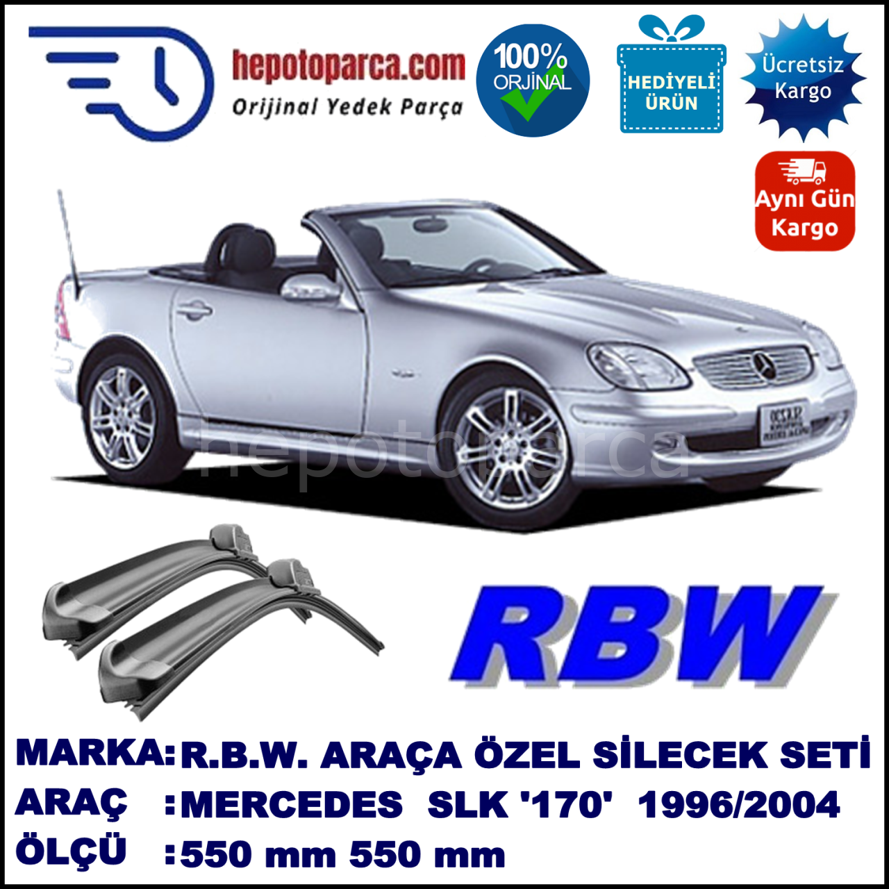 MERCEDES-BENZ Serie SLK [170] 09.96-03.04 550 / 550 mm. RBW Muz Silecek Seti  2'li Takım. U Kanca Uyumludur.