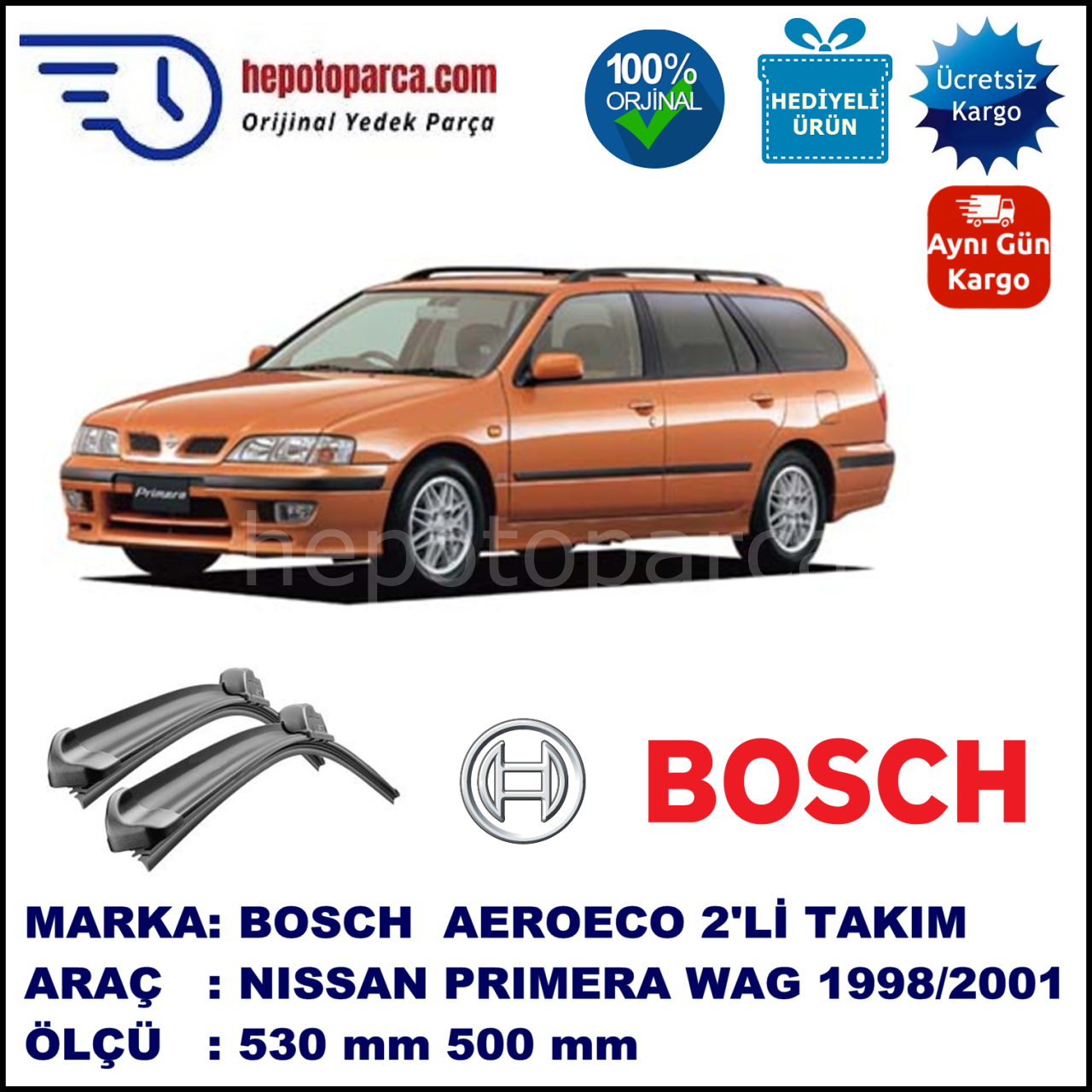 NISSAN Primera Wagon [P11E] 01.1998-12.2001, 530 / 500 mm. BOSCH AEROECO Aparatlı Muz Silecek