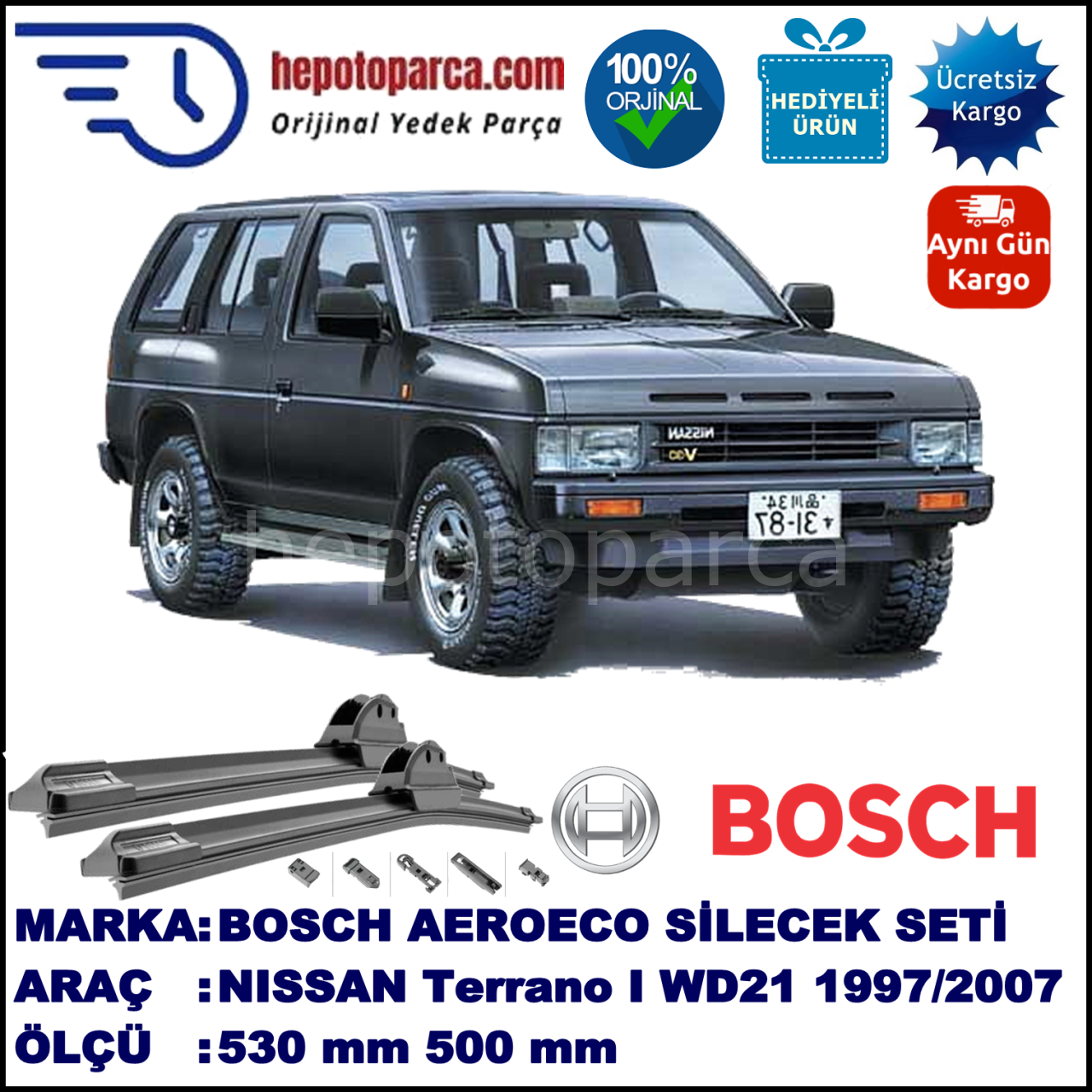 NISSAN Terrano I [WD21] 04.1997-12.2006, 530 / 500 mm. BOSCH AEROECO Aparatlı Muz Silecek