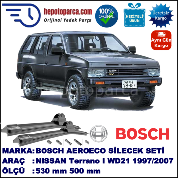 NISSAN Terrano I [WD21] 04.1997-12.2006, 530 / 500 mm. BOSCH AEROECO Aparatlı Muz Silecek