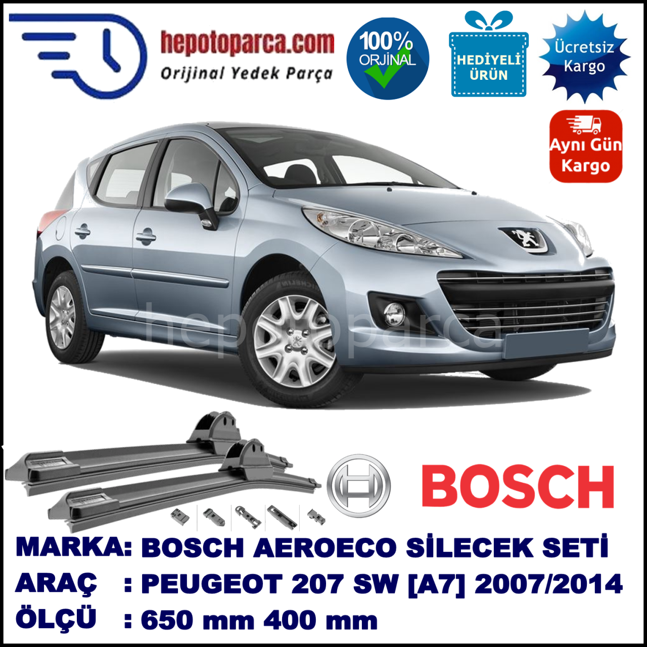 PEUGEOT 207 SW [A7] 06.2007-..., 650 / 400 mm. BOSCH AEROECO Aparatlı Muz Silecek