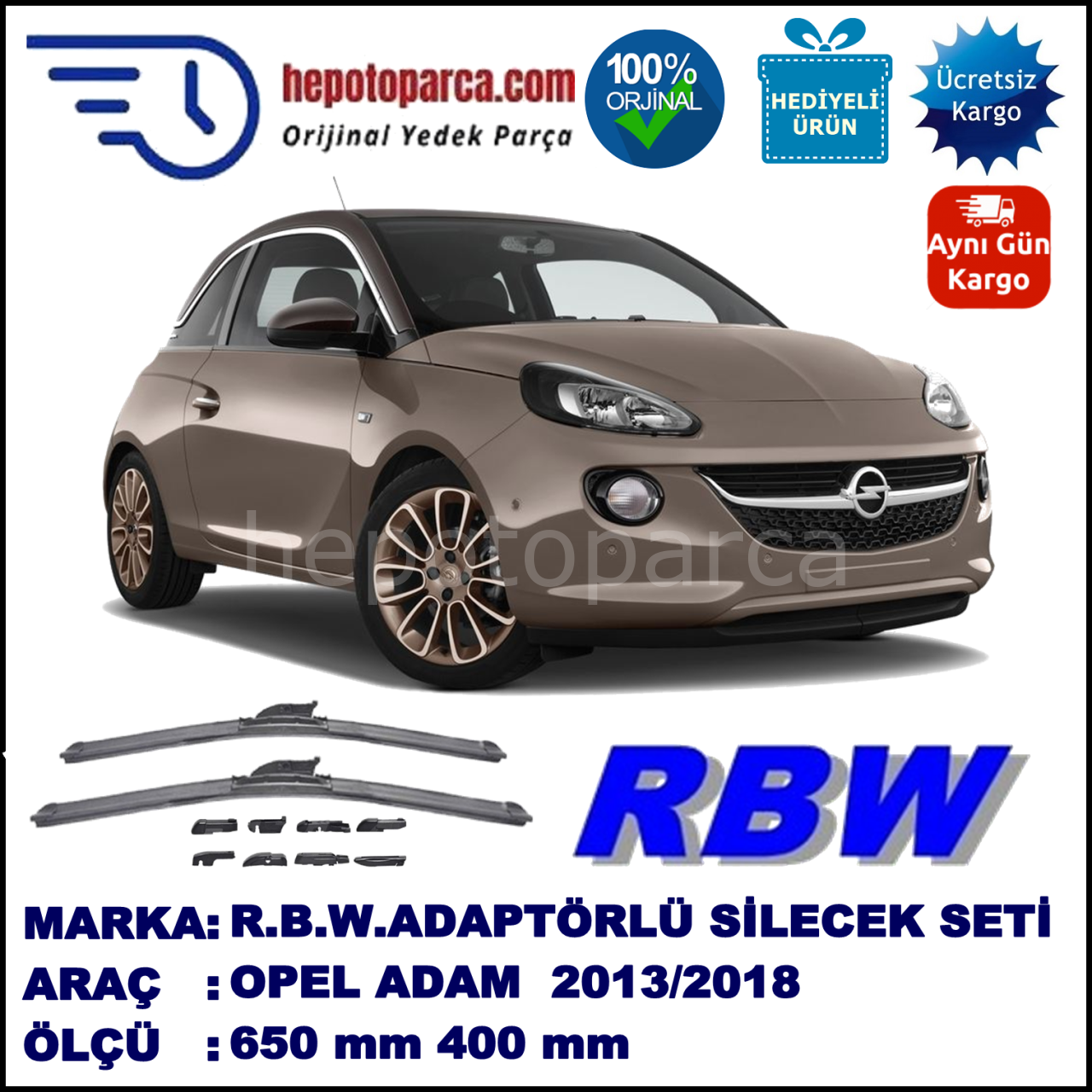 OPEL Adam  03.2013-..., 650 / 400 mm.  RBW  ADAPTÖRLÜ MUZ SİLECEK SETİ