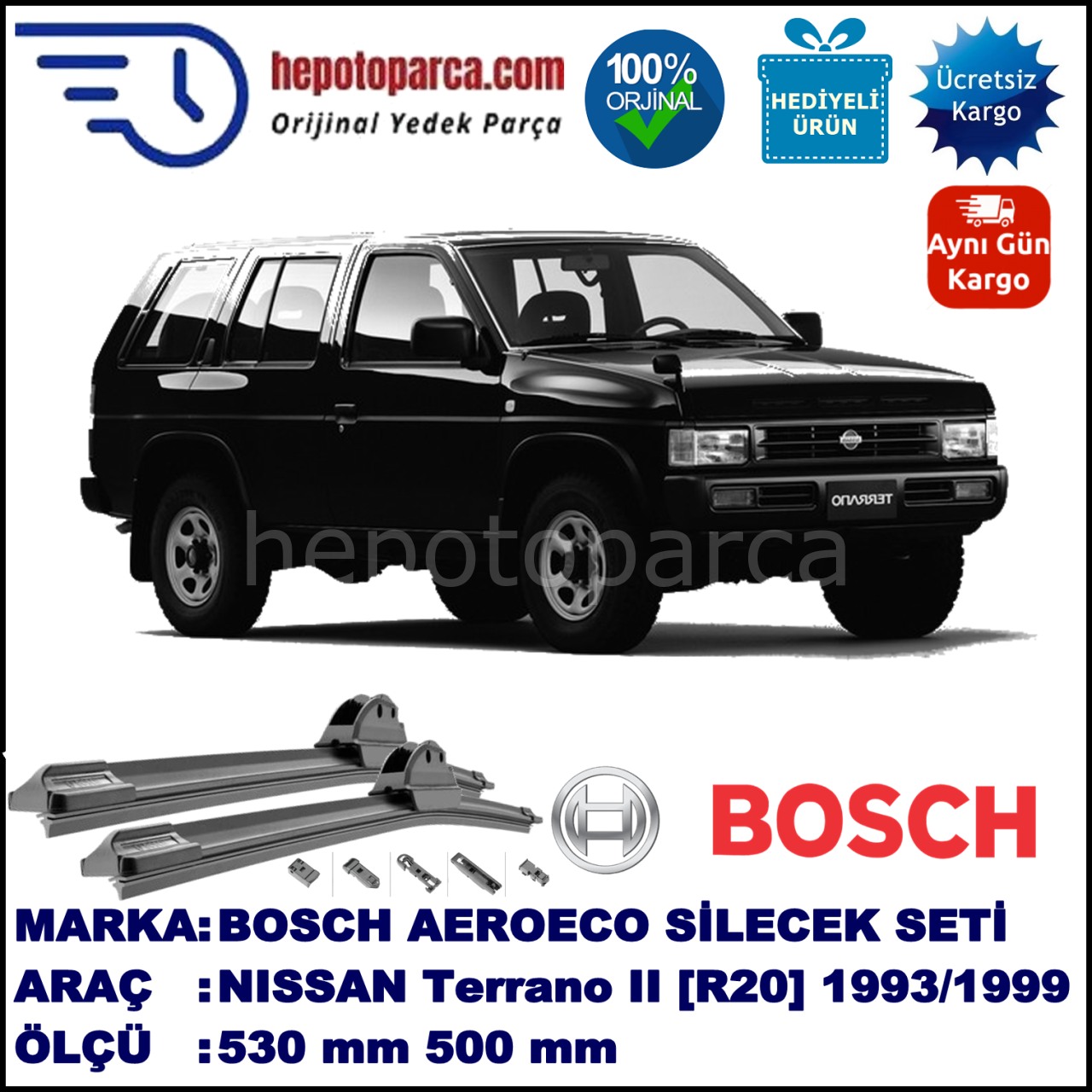 NISSAN Terrano II [R20] 02.1993-10.1999, 530 / 500 mm. BOSCH AEROECO Aparatlı Muz Silecek