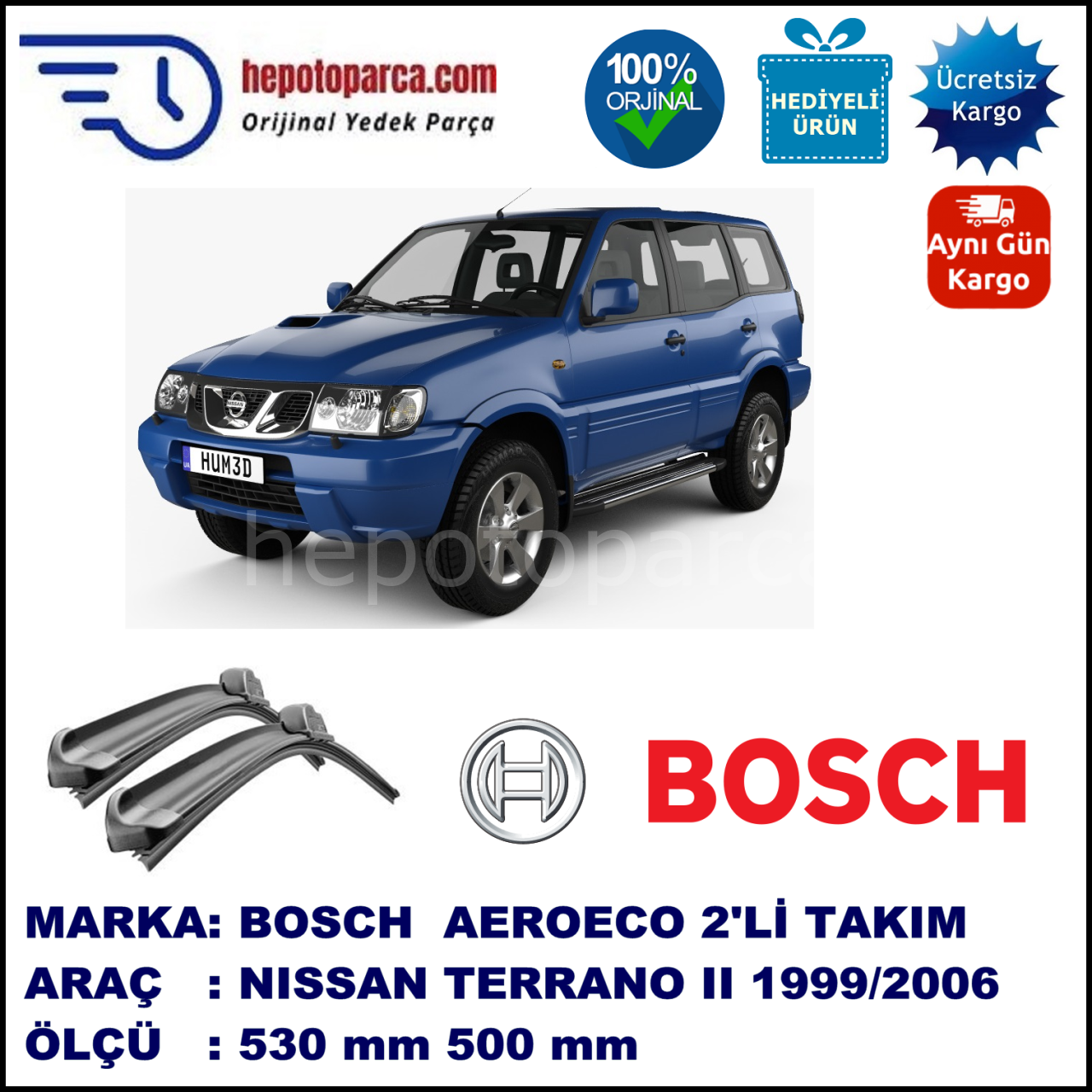 NISSAN Terrano II [R20] 11.1999-..., 530 / 500 mm. BOSCH AEROECO Aparatlı Muz Silecek