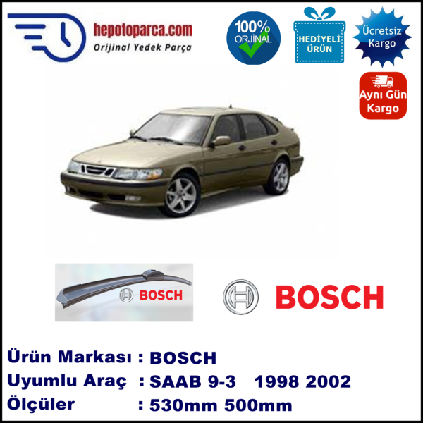 SAAB 9-3 [9400] 03.1998-09.2002, 530 / 500 mm. BOSCH AEROECO Aparatlı Muz Silecek