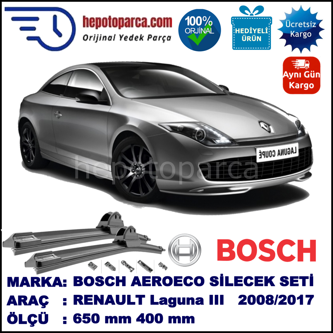 RENAULT Laguna III Coupé [DT.] 02.2008-..., 650 / 400 mm. BOSCH AEROECO Aparatlı Muz Silecek