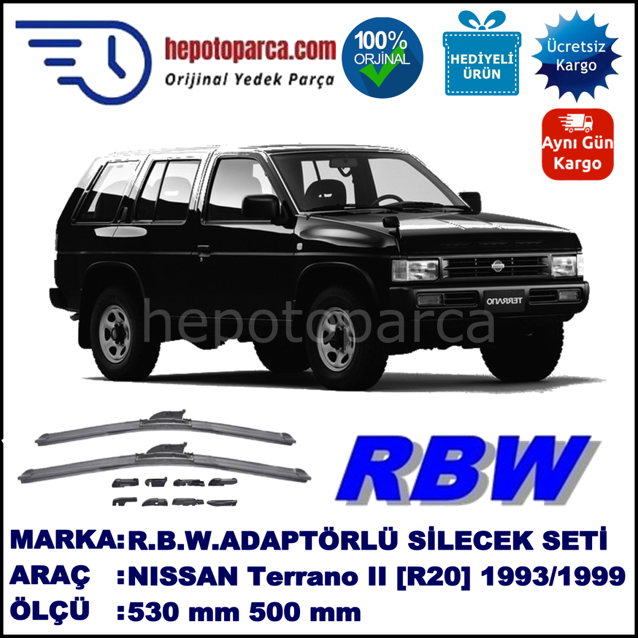 NISSAN Terrano II [R20] 02.1993-10.1999, 530 / 500 mm.  RBW  ADAPTÖRLÜ MUZ SİLECEK SETİ