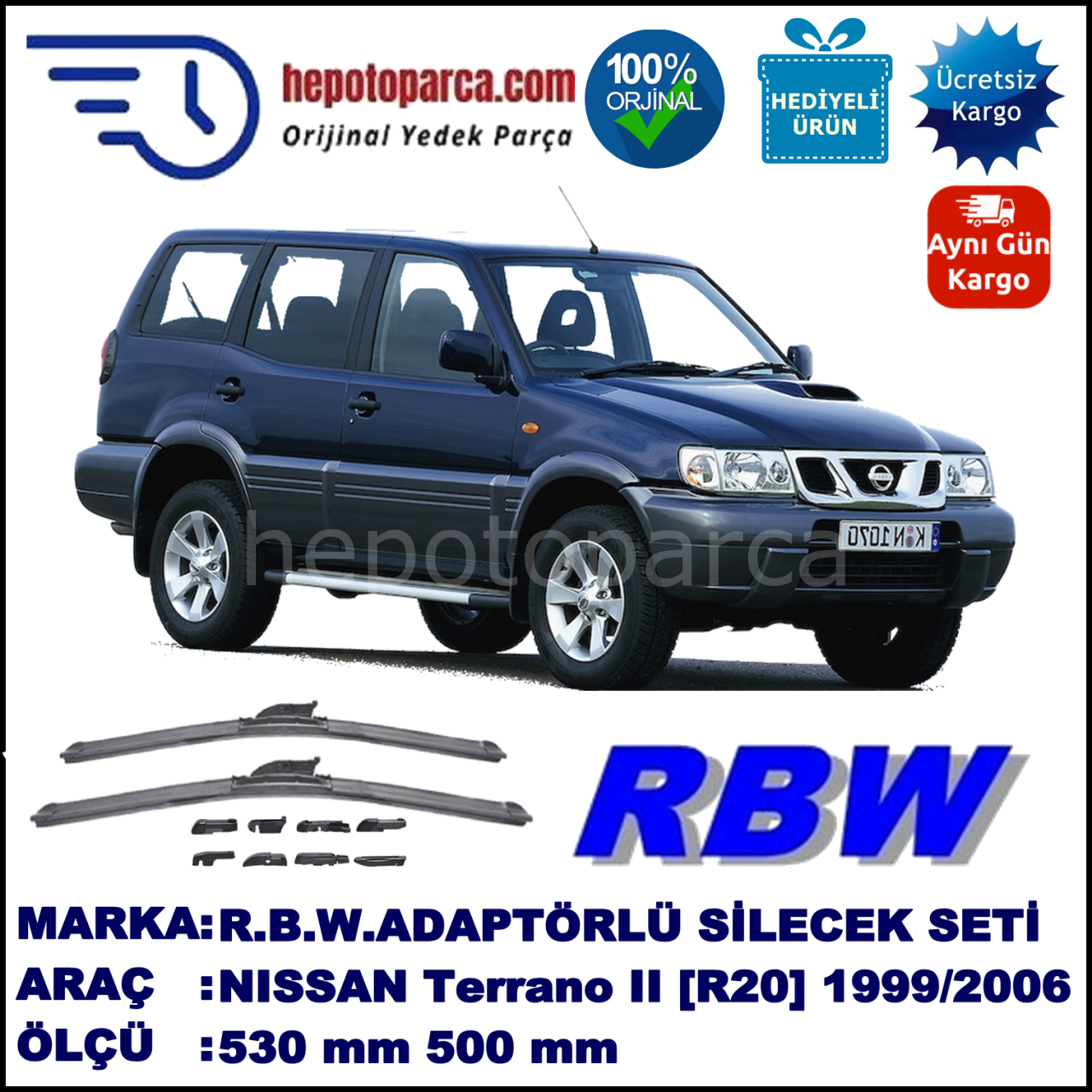 NISSAN Terrano II [R20] 11.1999-..., 530 / 500 mm.  RBW  ADAPTÖRLÜ MUZ SİLECEK SETİ