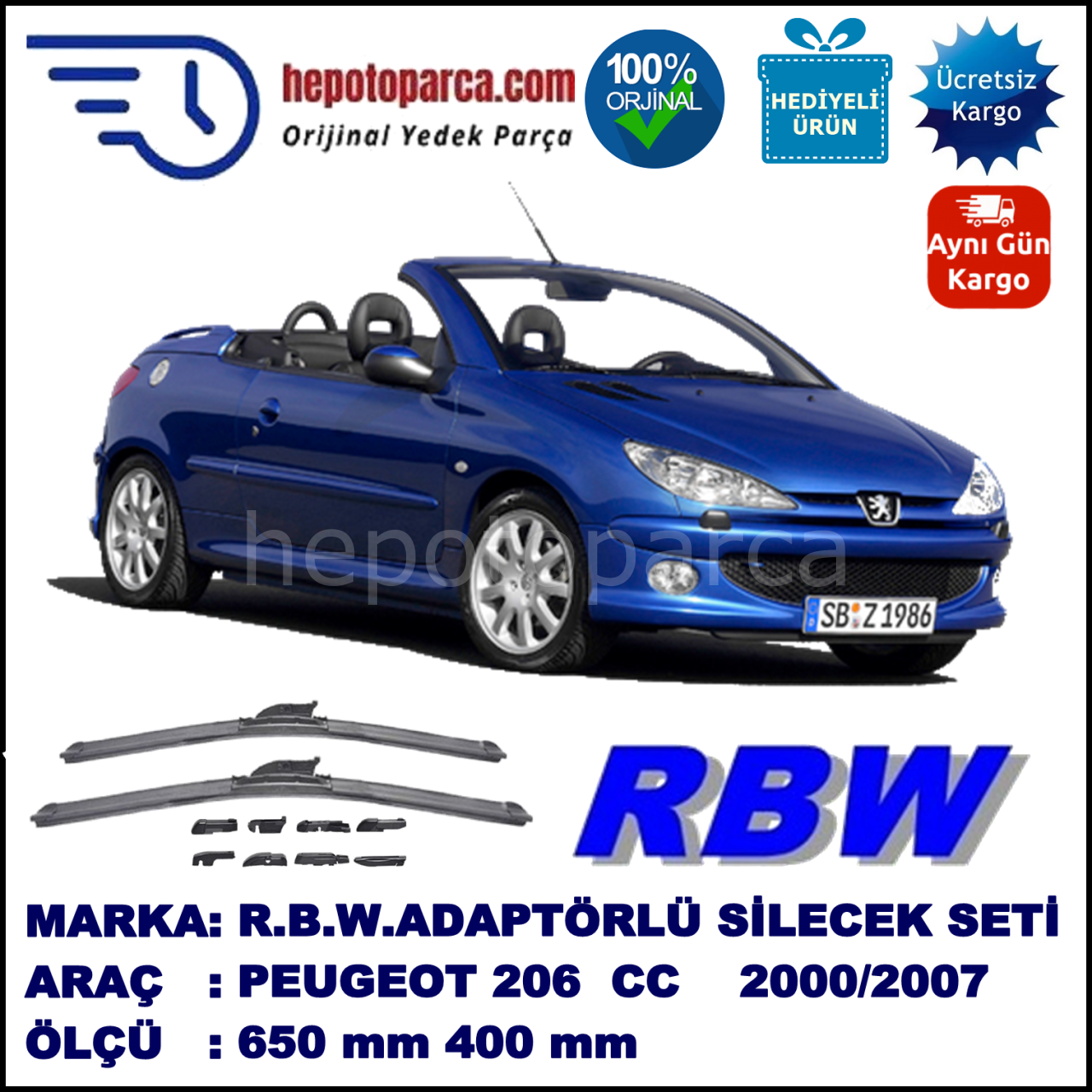 PEUGEOT 206 CC [T1] 09.2000-03.2007, 650 / 400 mm.  RBW  ADAPTÖRLÜ MUZ SİLECEK SETİ