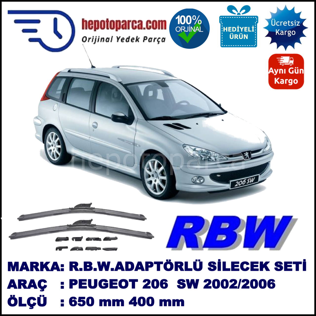 PEUGEOT 206 SW [T1] 03.2002-12.2006, 650 / 400 mm.  RBW  ADAPTÖRLÜ MUZ SİLECEK SETİ