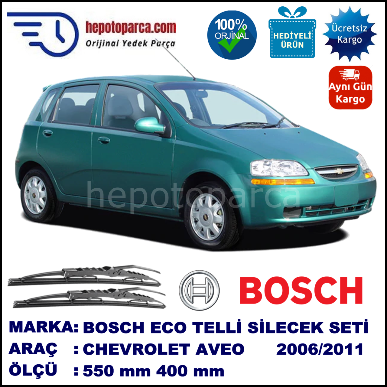 CHEVROLET Aveo Hatchback [KL1S, T250; KL1S, T255] 02.06-12.11 550 / 400 mm. BOSCH ECO Telli Silecek 2'li Takım