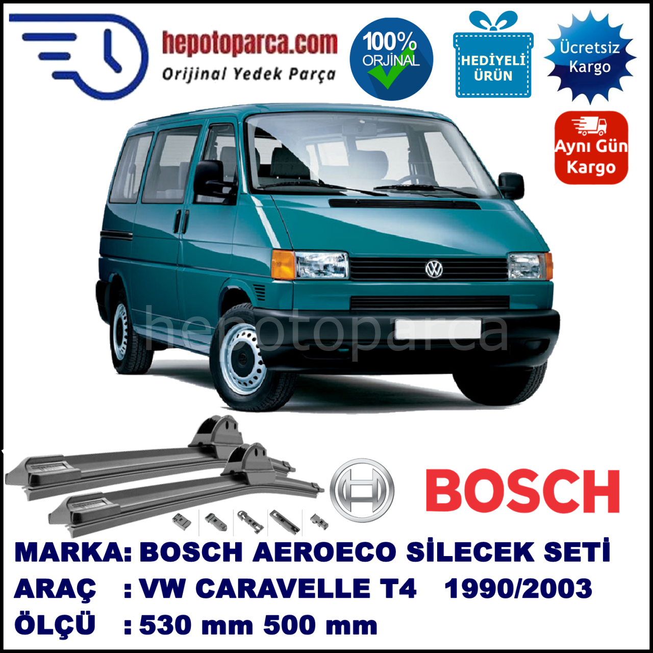 VW Caravelle T4 [70, 7D] 09.1990-06.2003, 530 / 500 mm. BOSCH AEROECO Aparatlı Muz Silecek