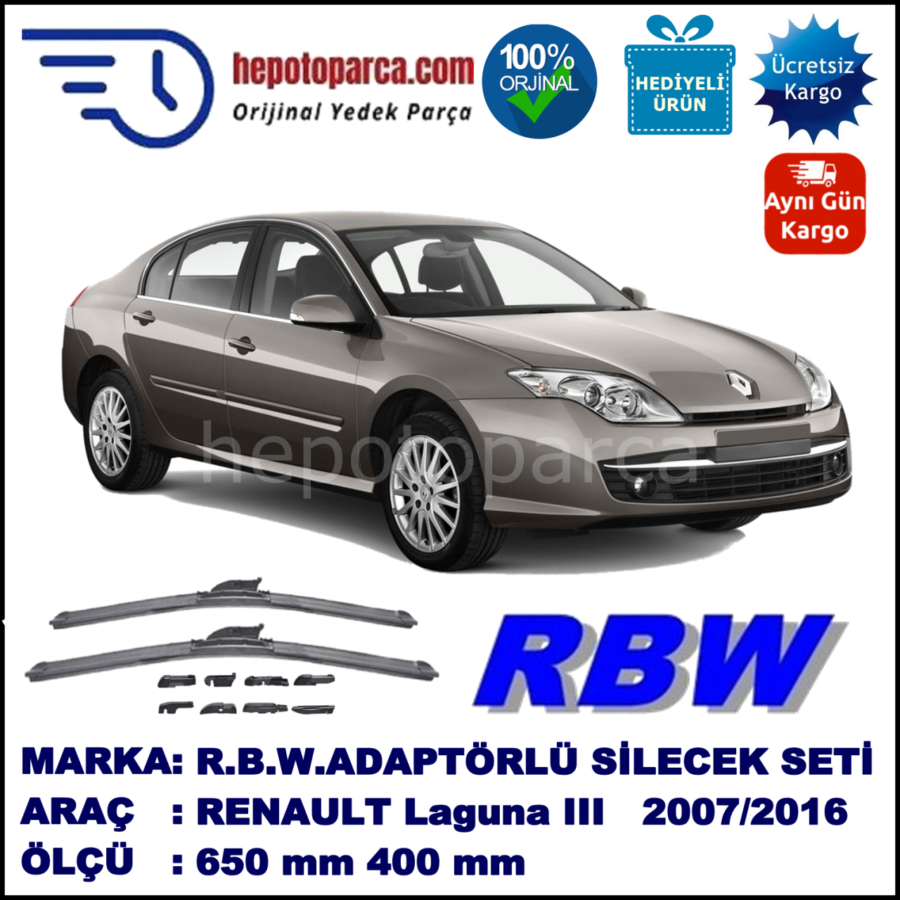 RENAULT Laguna III [BT.] 07.2007-..., 650 / 400 mm.  RBW  ADAPTÖRLÜ MUZ SİLECEK SETİ