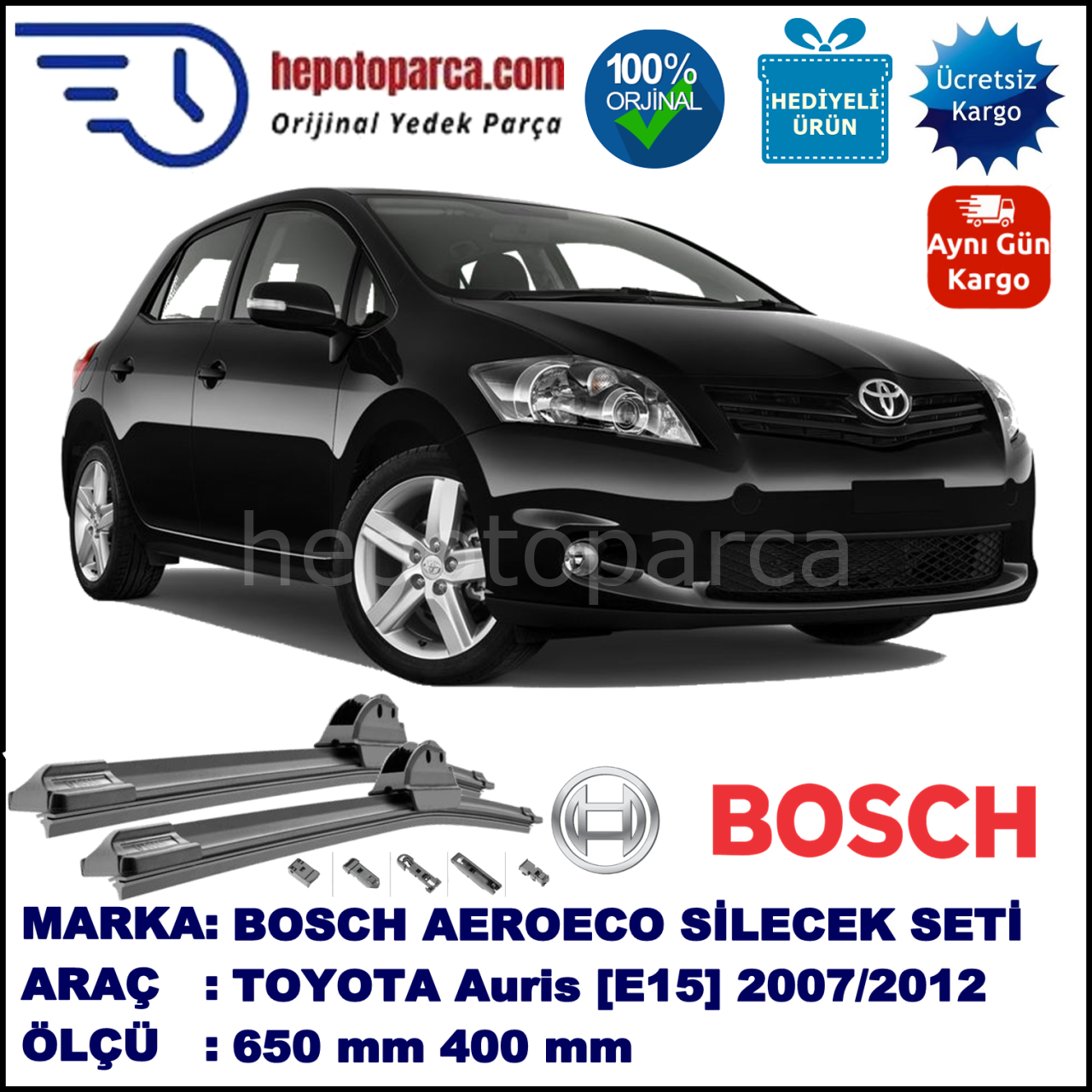 TOYOTA Auris [E15, NMT, SB1] 02.2007-10.2012, 650 / 400 mm. BOSCH AEROECO Aparatlı Muz Silecek