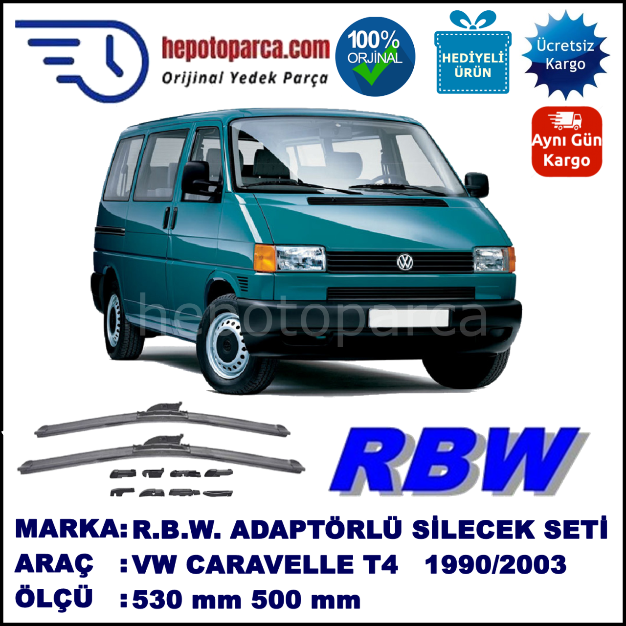 VW Caravelle T4 [70, 7D] 09.1990-06.2003, 530 / 500 mm.  RBW  ADAPTÖRLÜ MUZ SİLECEK SETİ
