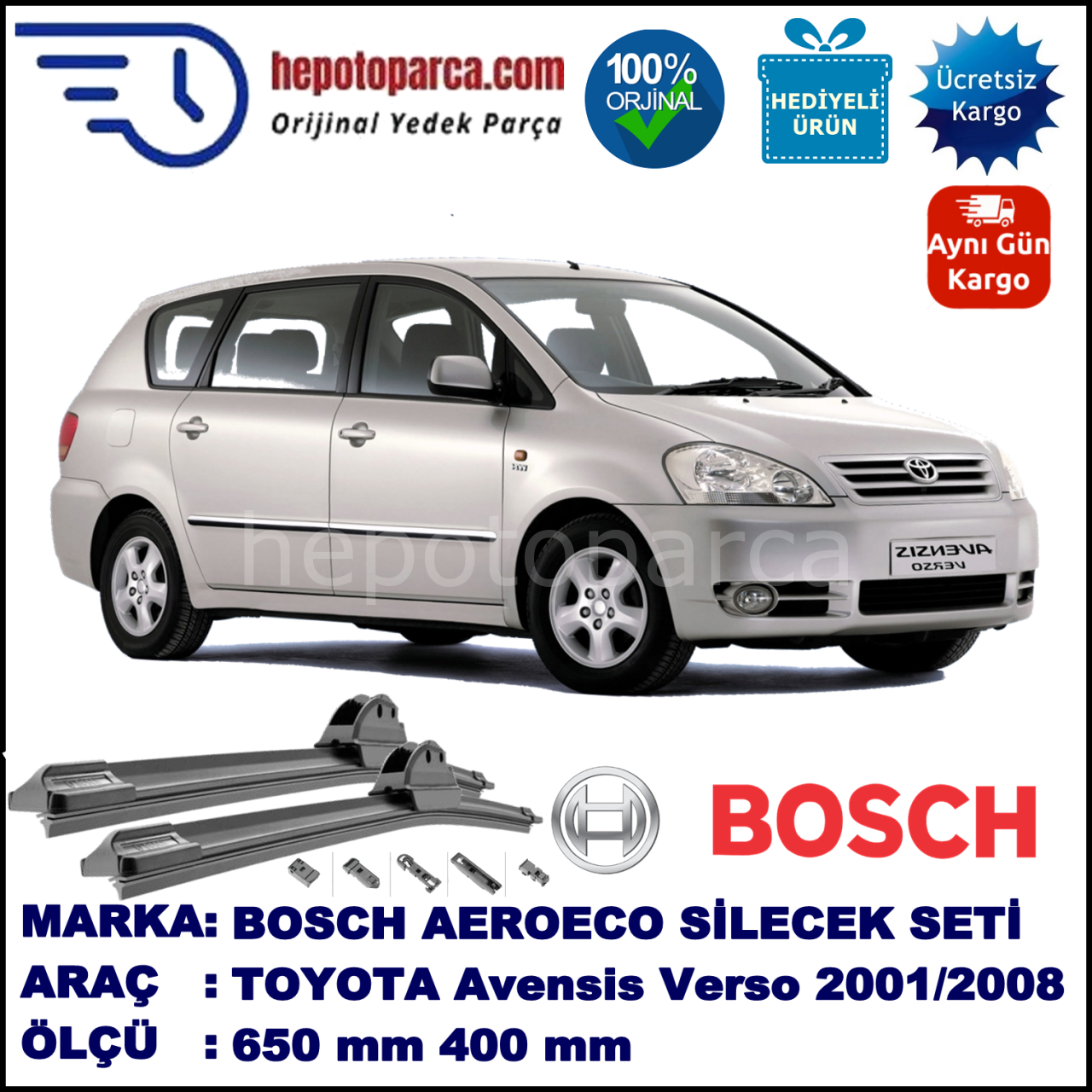 TOYOTA Avensis Verso [M2] 05.2001-..., 650 / 400 mm. BOSCH AEROECO Aparatlı Muz Silecek