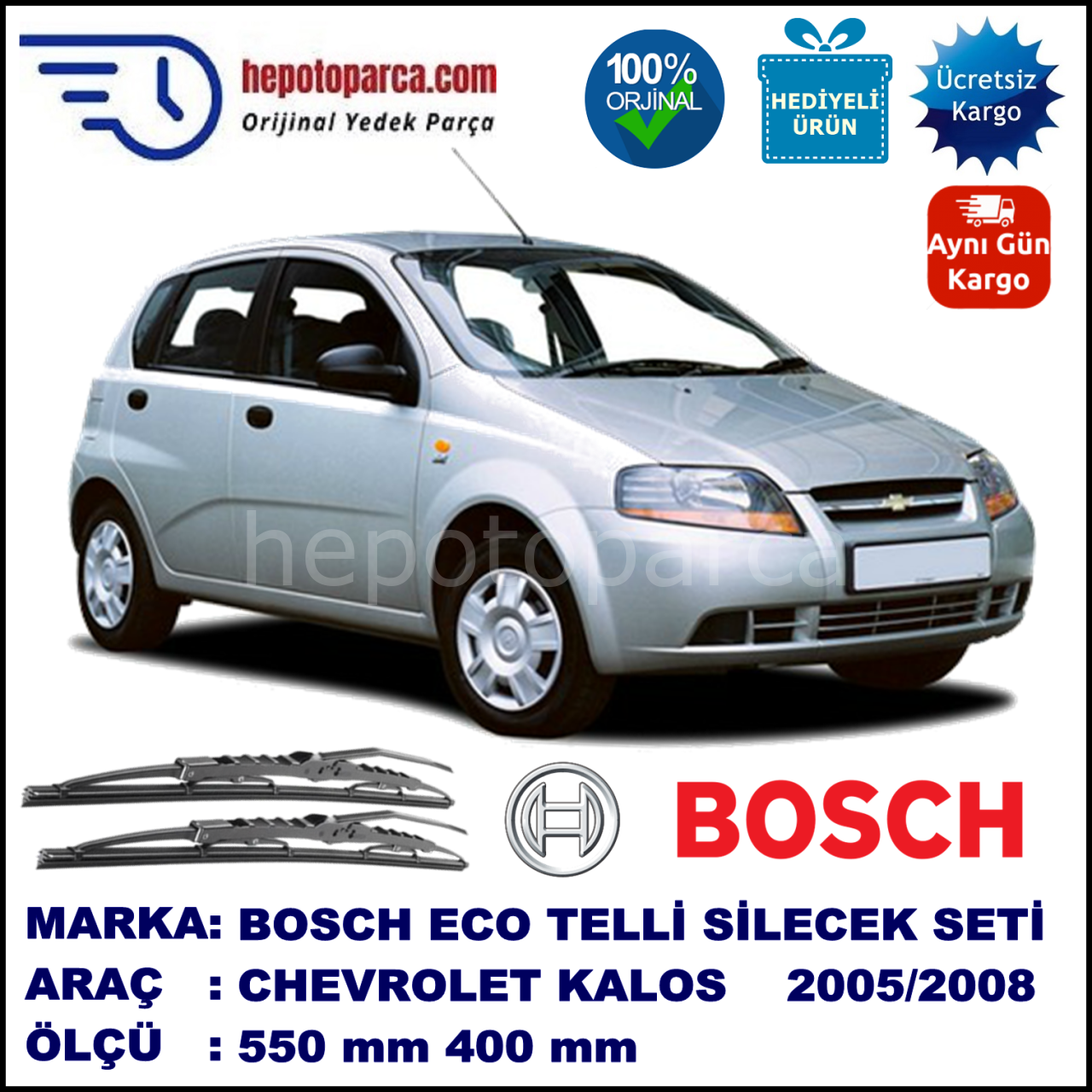 CHEVROLET Kalos Hatchback [KL1S, T200] 02.05-04.08 550 / 400 mm. BOSCH ECO Telli Silecek 2'li Takım