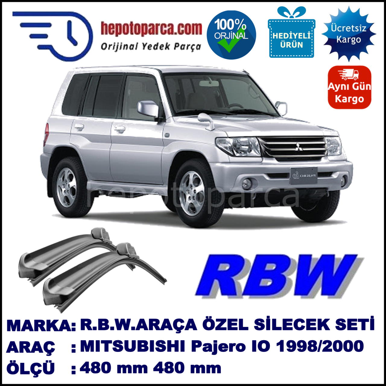 MITSUBISHI Pajero IO  03.98-06.00 480 / 480 mm. RBW Muz Silecek Seti  2'li Takım. U Kanca Uyumludur.