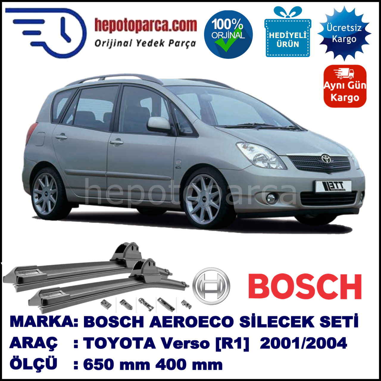 TOYOTA Corolla Verso [E12] 09.2001-01.2004, 650 / 400 mm. BOSCH AEROECO Aparatlı Muz Silecek