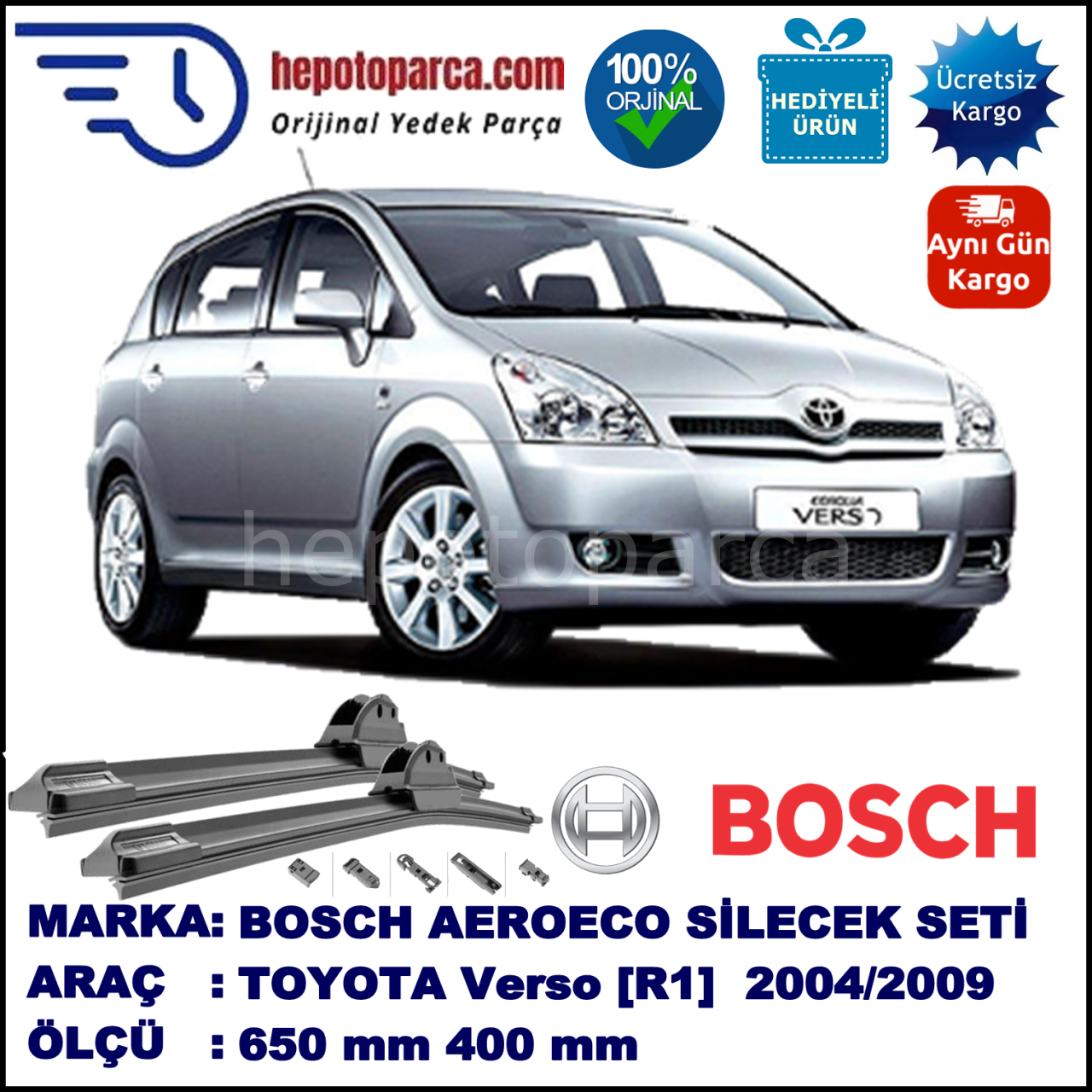 TOYOTA Corolla Verso [R1] 02.2004-02.2009, 650 / 400 mm. BOSCH AEROECO Aparatlı Muz Silecek