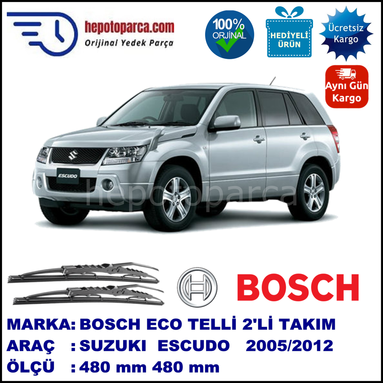 SUZUKI Escudo  05.05-... 480 / 480 mm. BOSCH ECO Telli Silecek 2'li Takım