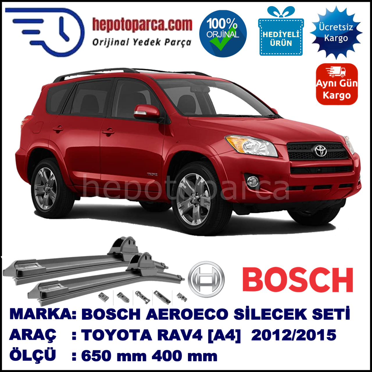 TOYOTA RAV4 [A4] 11.2012-..., 650 / 400 mm. BOSCH AEROECO Aparatlı Muz Silecek
