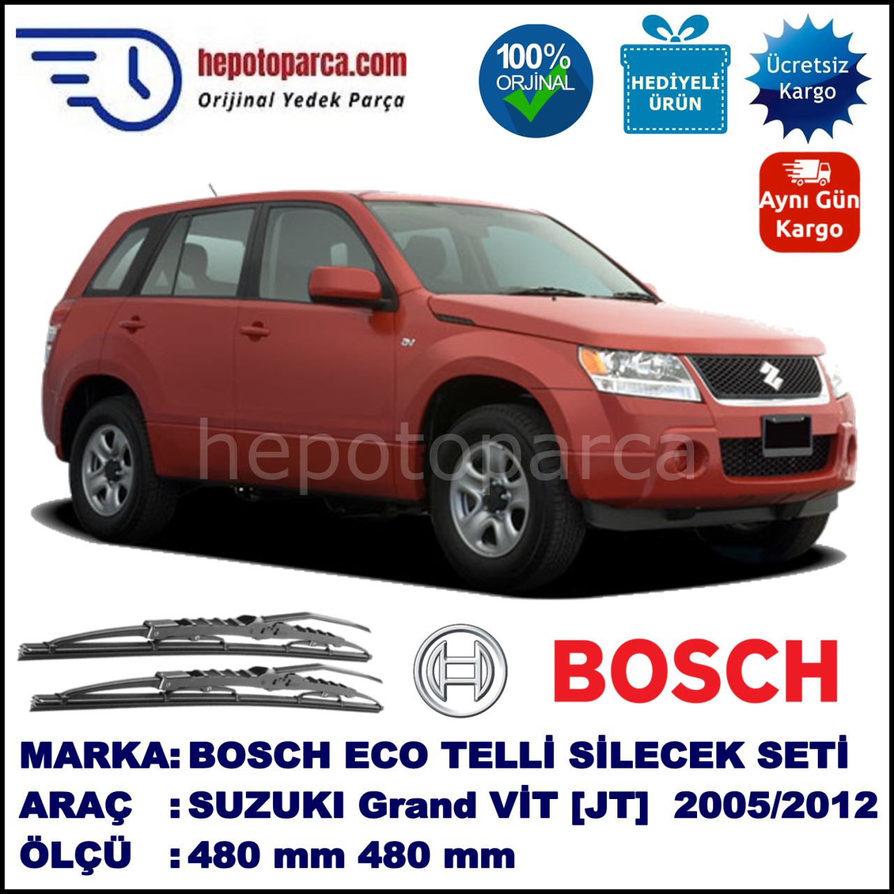 SUZUKI Grand Vitara [JT] 10.05-... 480 / 480 mm. BOSCH ECO Telli Silecek 2'li Takım