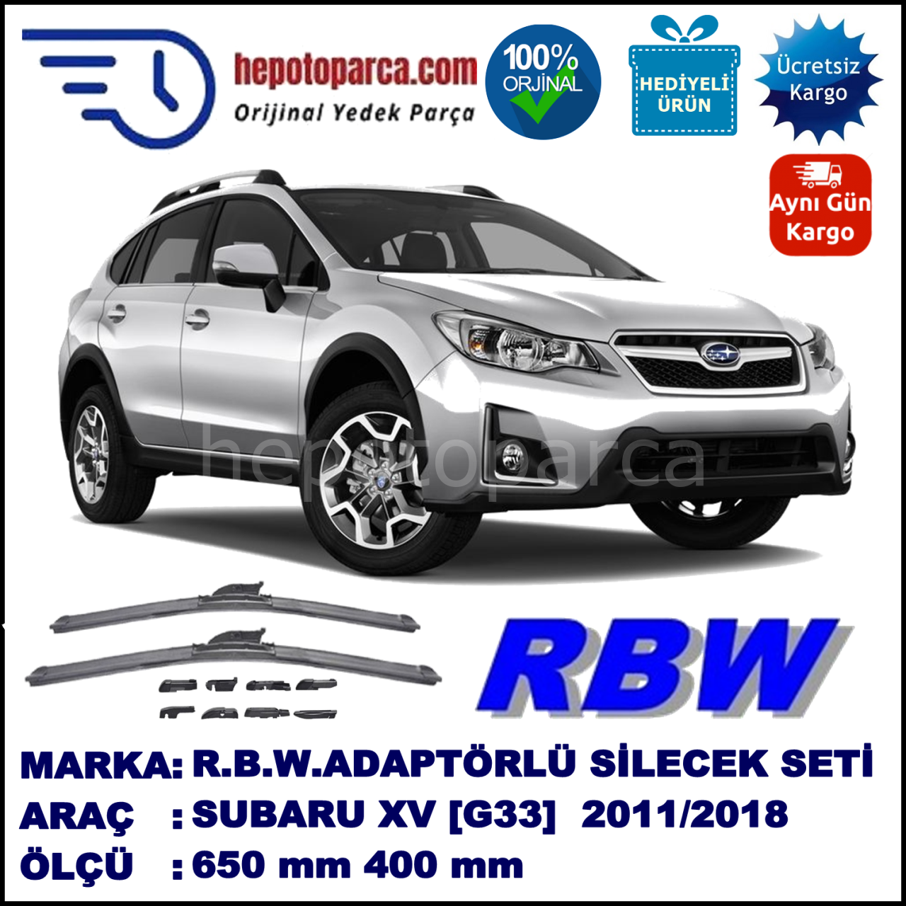 SUBARU XV [G33] 09.2011-..., 650 / 400 mm.  RBW  ADAPTÖRLÜ MUZ SİLECEK SETİ