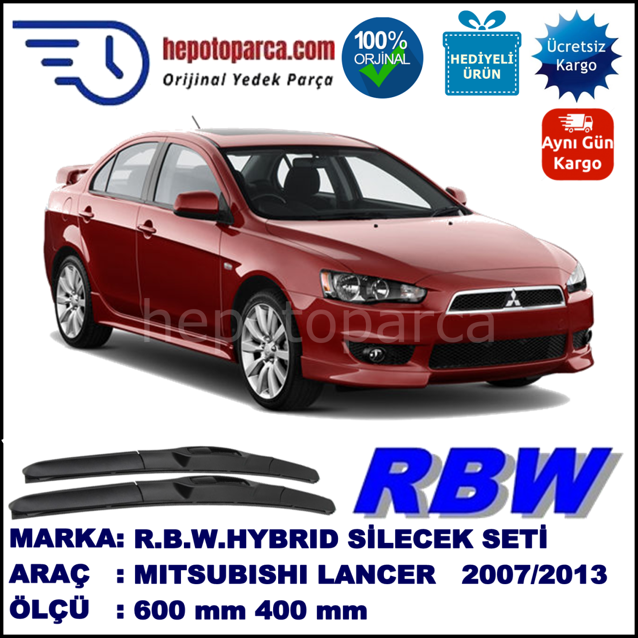 MITSUBISHI Lancer [CY/CZ] 03.07-... 600 / 400 mm. RBW Hybrid Silecek Seti. U Kanca Uyumlu Hibrit