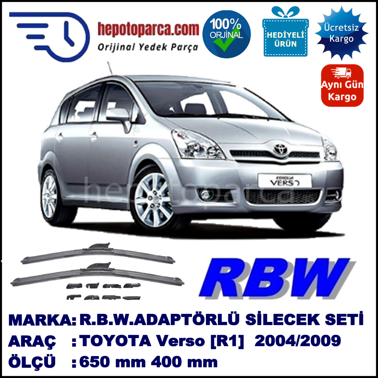 TOYOTA Corolla Verso [R1] 02.2004-02.2009, 650 / 400 mm.  RBW  ADAPTÖRLÜ MUZ SİLECEK SETİ