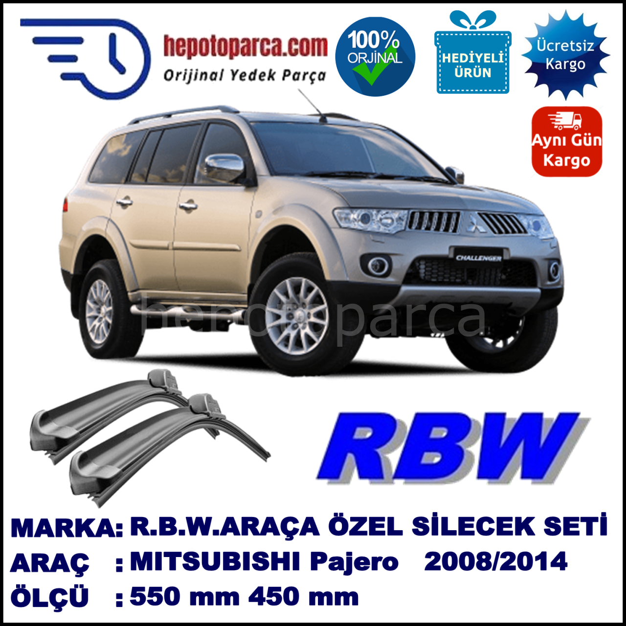 MITSUBISHI Pajero Sport [KH] 07.08-... 550 / 450 mm. RBW Muz Silecek Seti  2'li Takım. U Kanca Uyumludur.