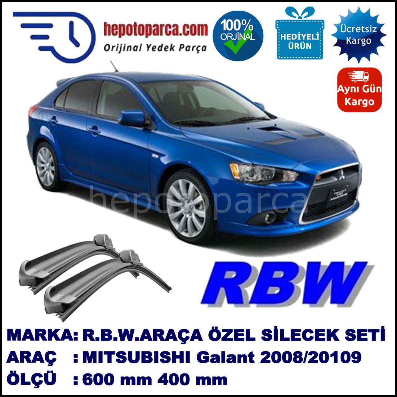 MITSUBISHI Galant Fortis Sportback  12.08-12.09 600 / 400 mm. RBW Muz Silecek Seti  2'li Takım. U Kanca Uyumludur.